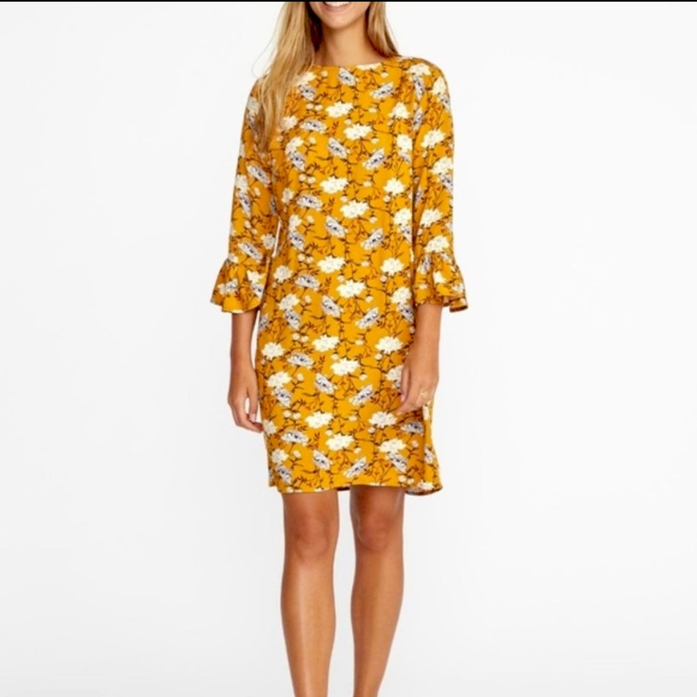3/4 bell sleeve yellow floral dress